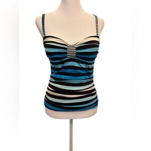 Tommy Bahama Striped Black Blue White Padded Tankini Swimsuit Top Size Small
